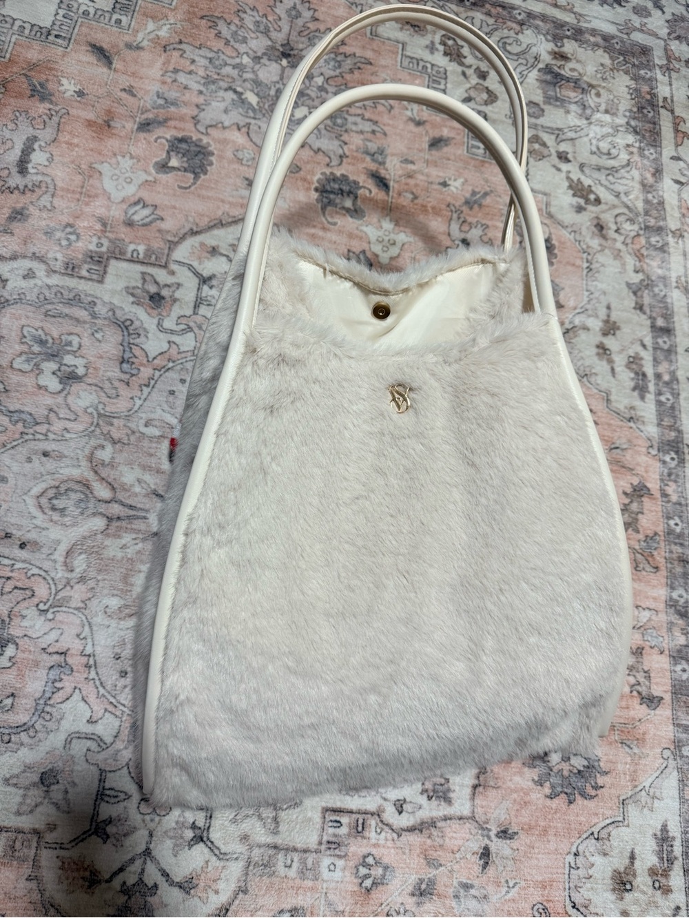 Victoria's Secret Cream Faux Fur Shoulder Bag with Gold Logo